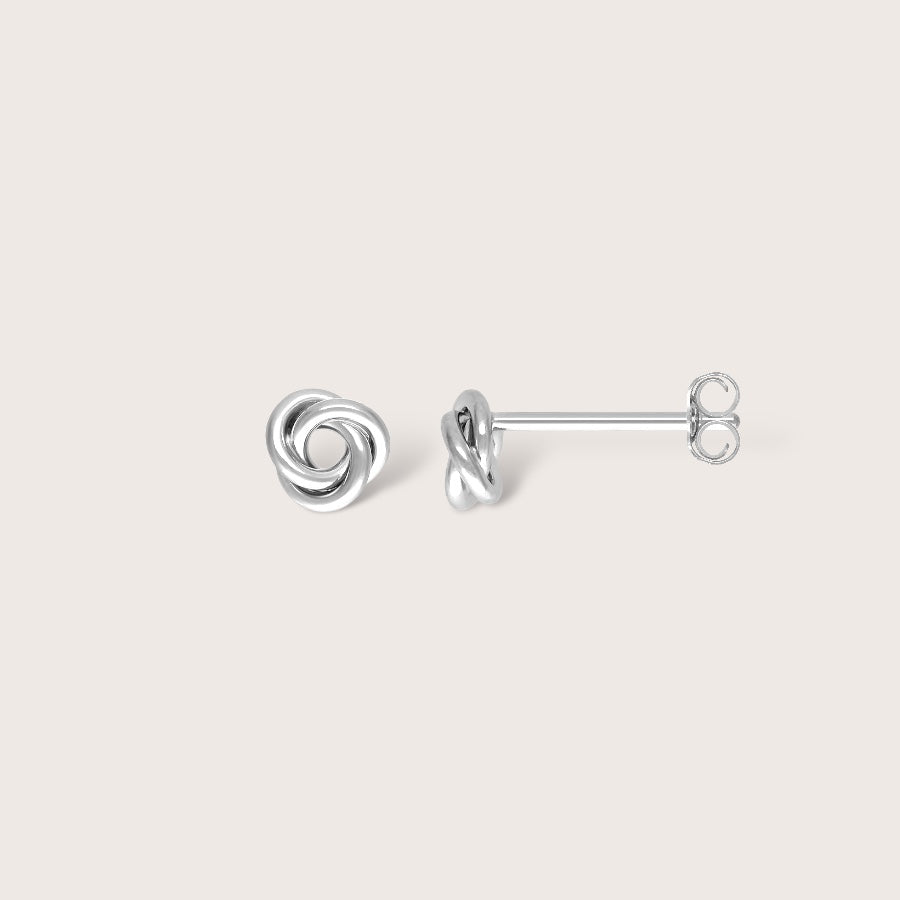 High polish 6mm interlocking knot earrings showing the hypoallergenic solid 925 silver options for everyday wear.