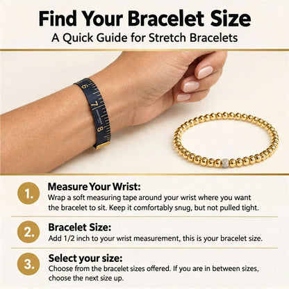 Stretch bracelet sizing guide showing wrist measurement, adding half an inch, and selecting a size