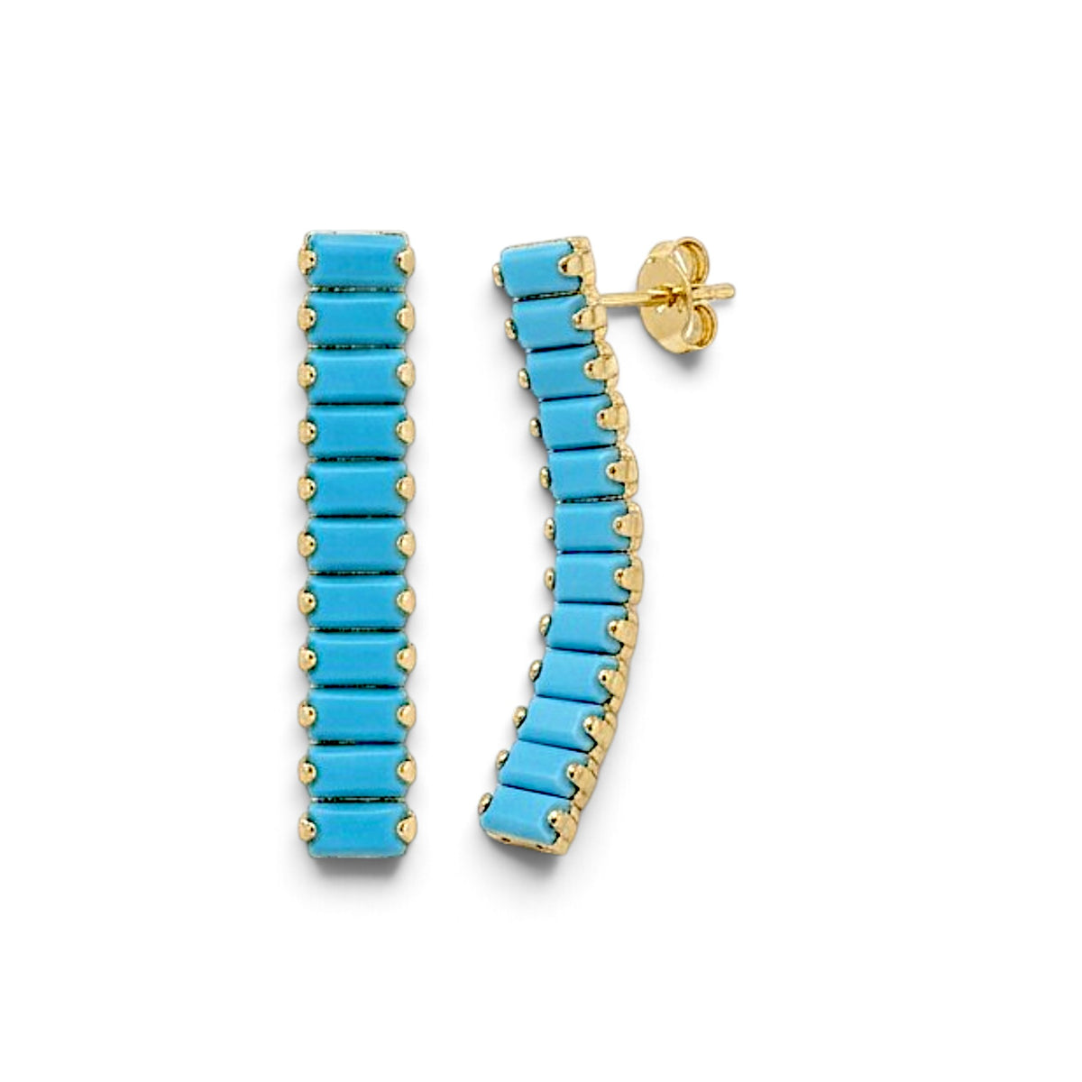 Pair of turquoise-blue baguette drop earrings with gold-tone settings, shown from the front and at an angle with a post and butterfly back visible.