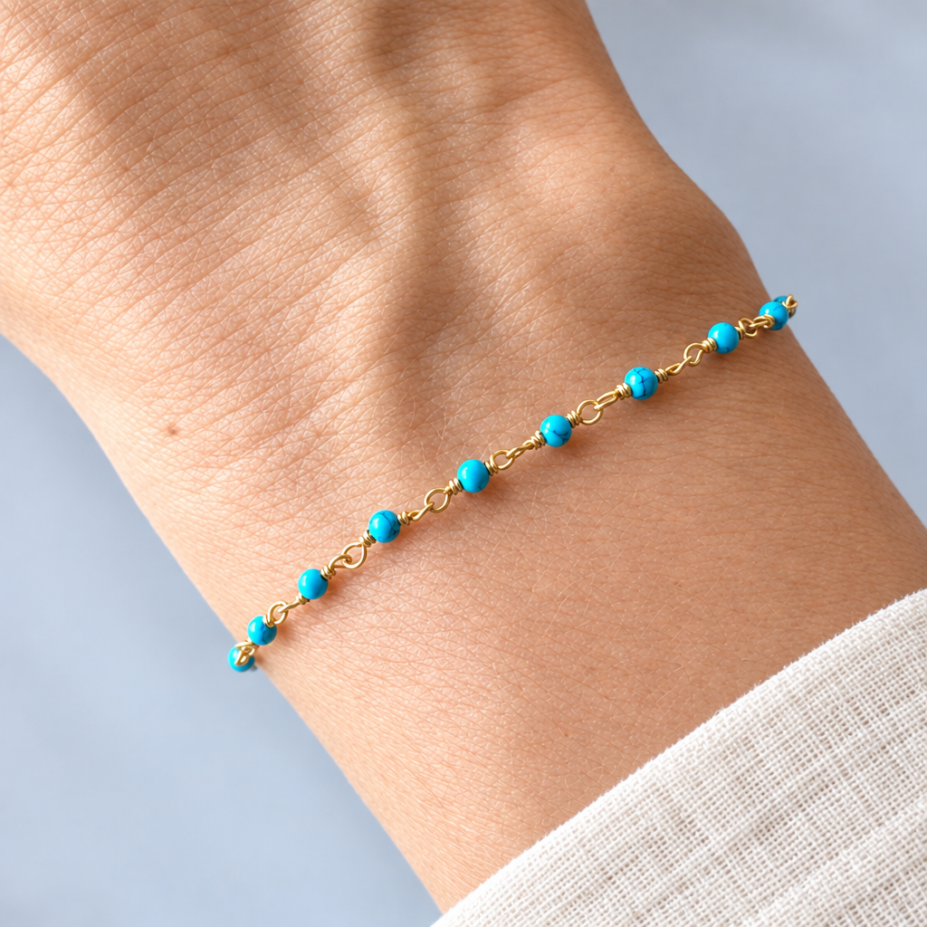 Turquoise bracelet wrist photo with an ivory linen sleeve
